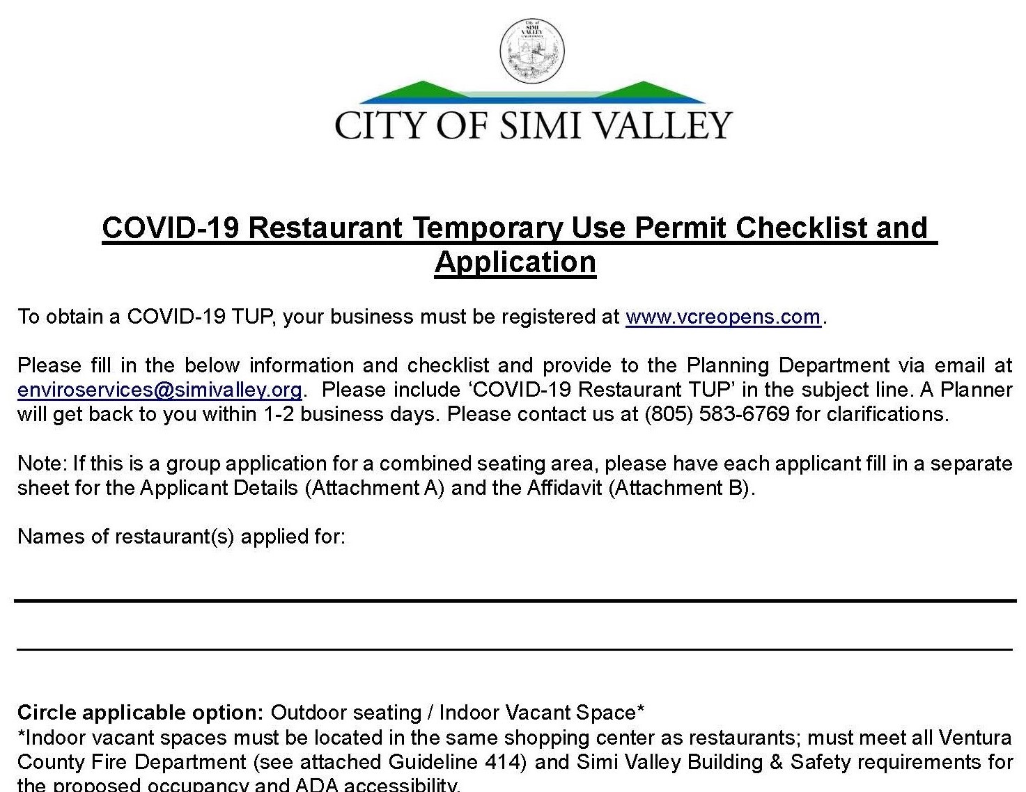COVID-19 Restaurant Temporary Use Permit Checklist and Application