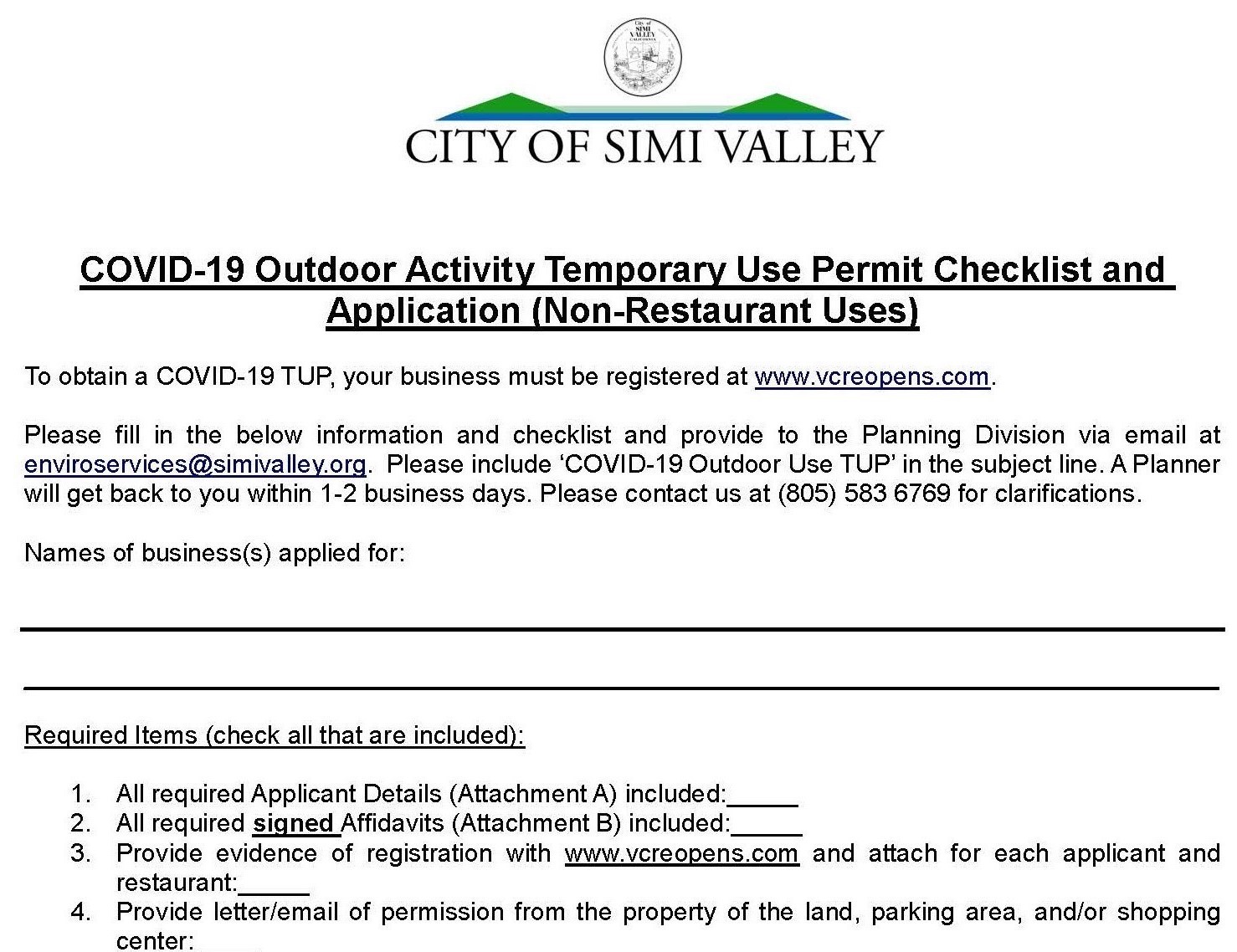 COVID-19 Outdoor Activity Temporary Use Permit Checklist and Application (Non-Restaurant Uses)