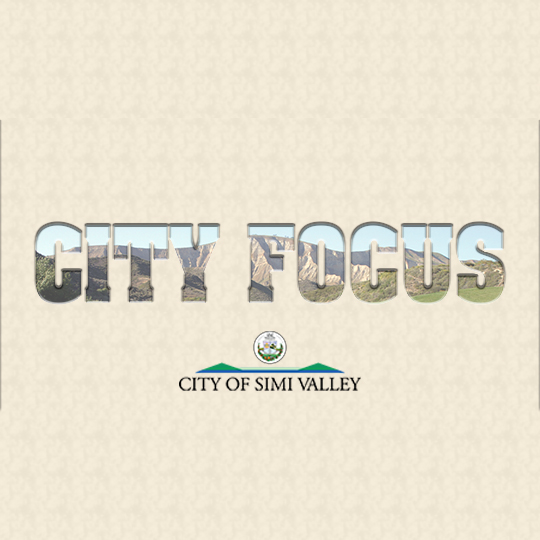 the City of Simi Valley logo on a beige photo overlay, with the words City Focus cut out, revealing a Simi Valley hillside