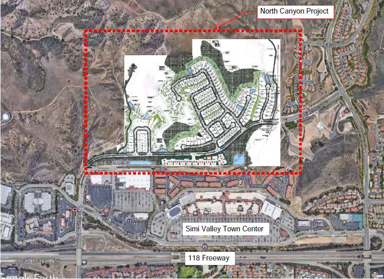 A map indicating the location of the North Canyon Development Project, just north of the Simi Valley Town Center and the 118 Freeway, east of First Street and west of Erringer Road