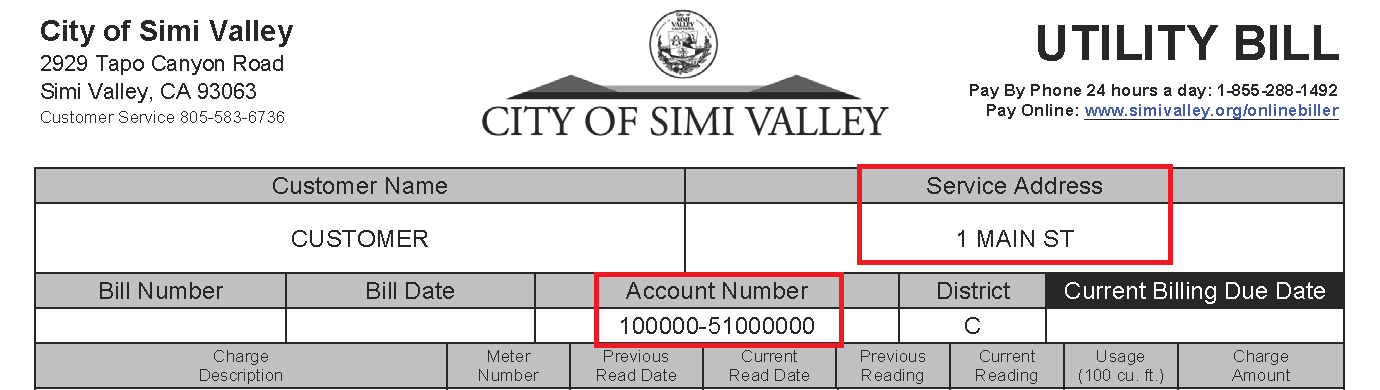 Example City of Simi Valley Utility Bill showing account information such as Customer Name, Service Address, Account Number